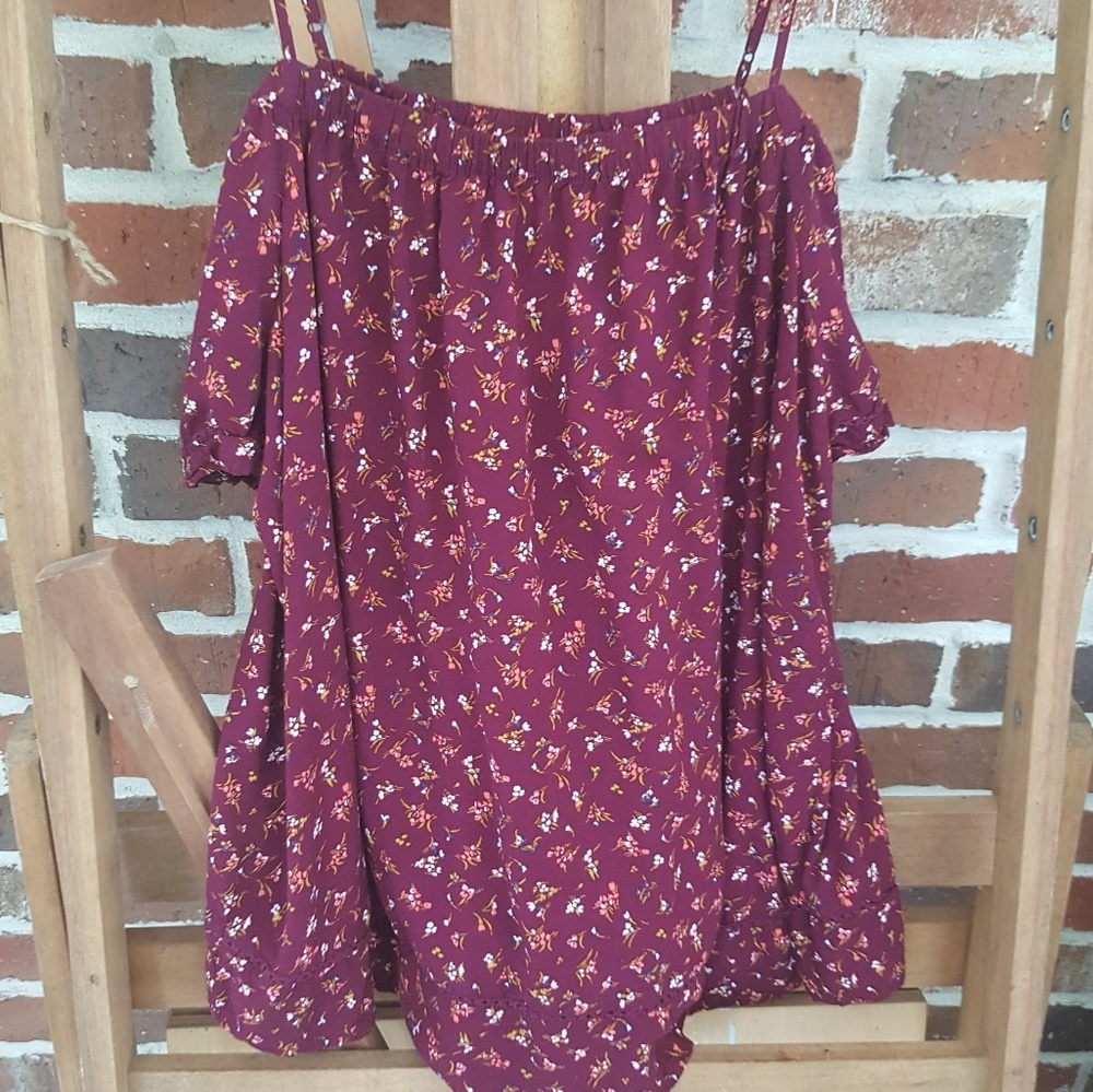 Never worn, burgundy floral off shoulder top